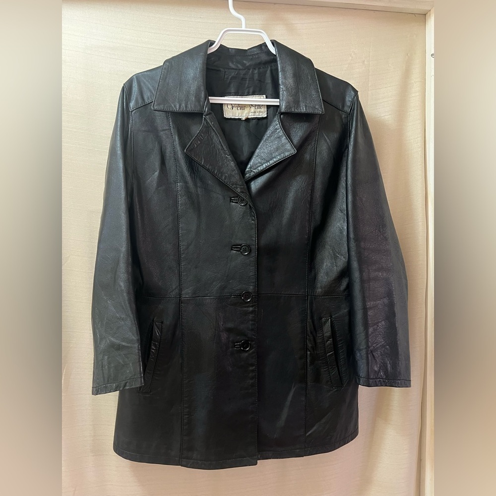 Vintage Pera Pelle Black Leather Jacket Women’s Italian Button Front Coat 46